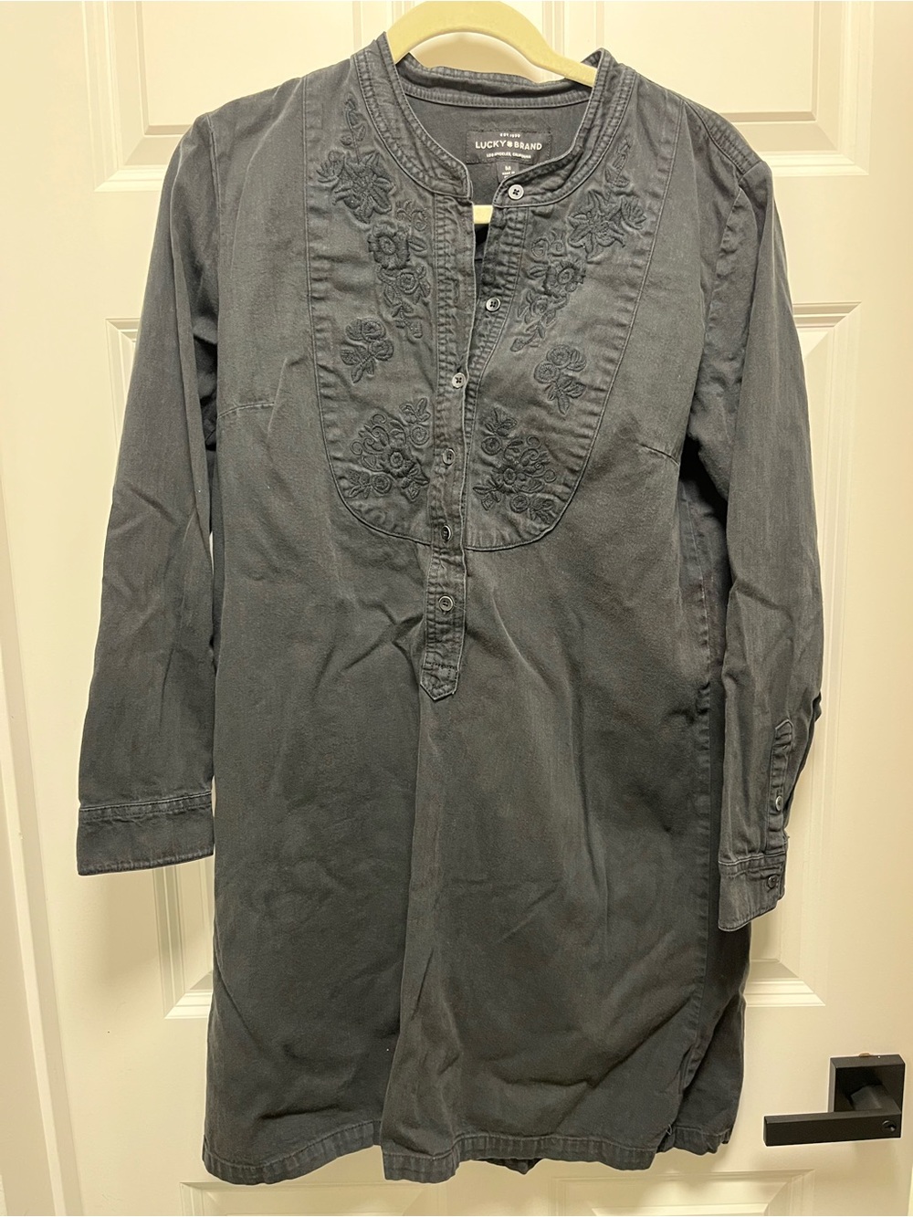 Lucky brand denim cotton twill embroidered western long sleeve popover dress M